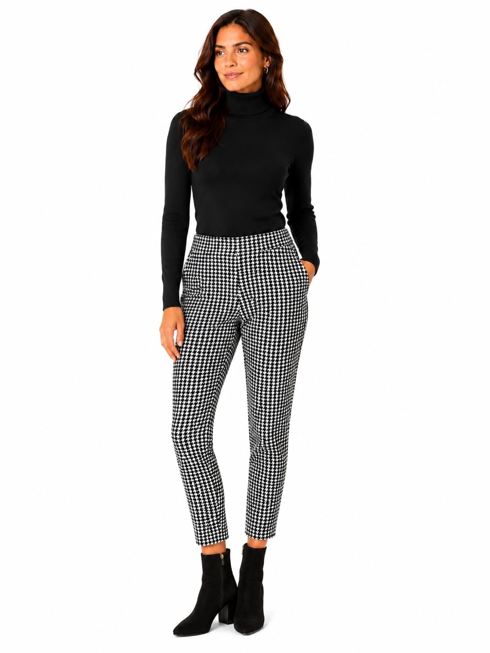 Serra Womens Black White Houndstooth Faux Suede Ankle Pants Side Zip L 12/14